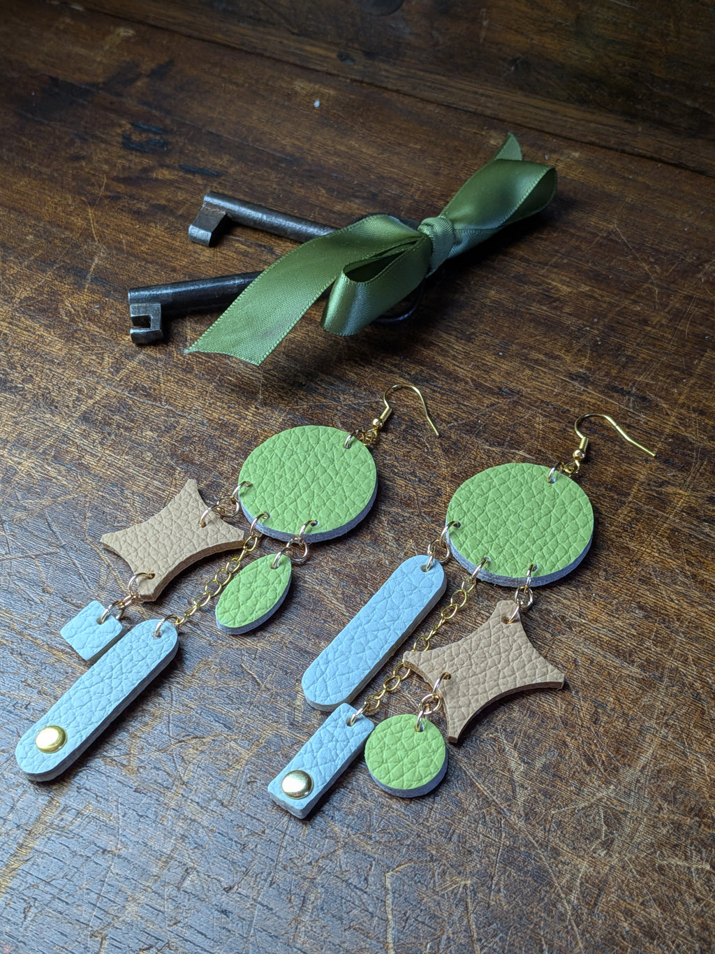 Spring Muse Earrings – Long Layered Leather in Sage & Sky Blue