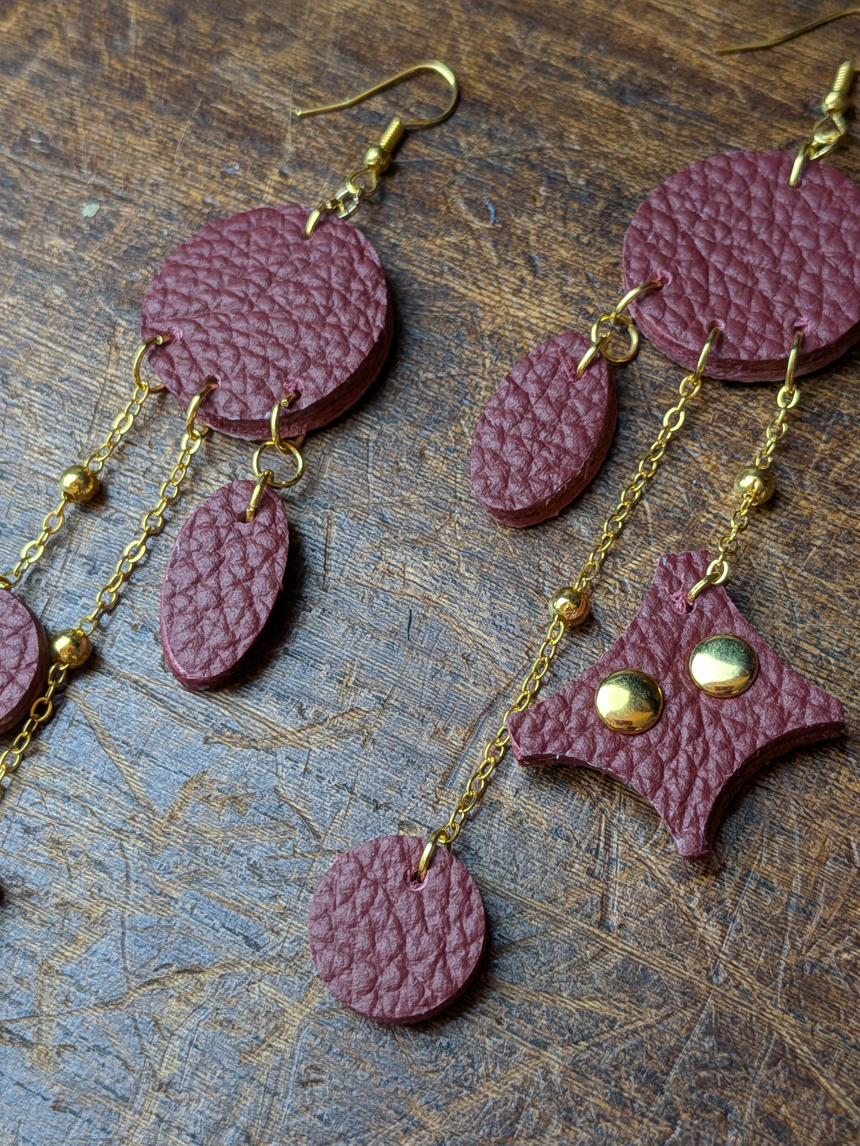 Deep Crimson & Gold Geometric Chandelier Earrings