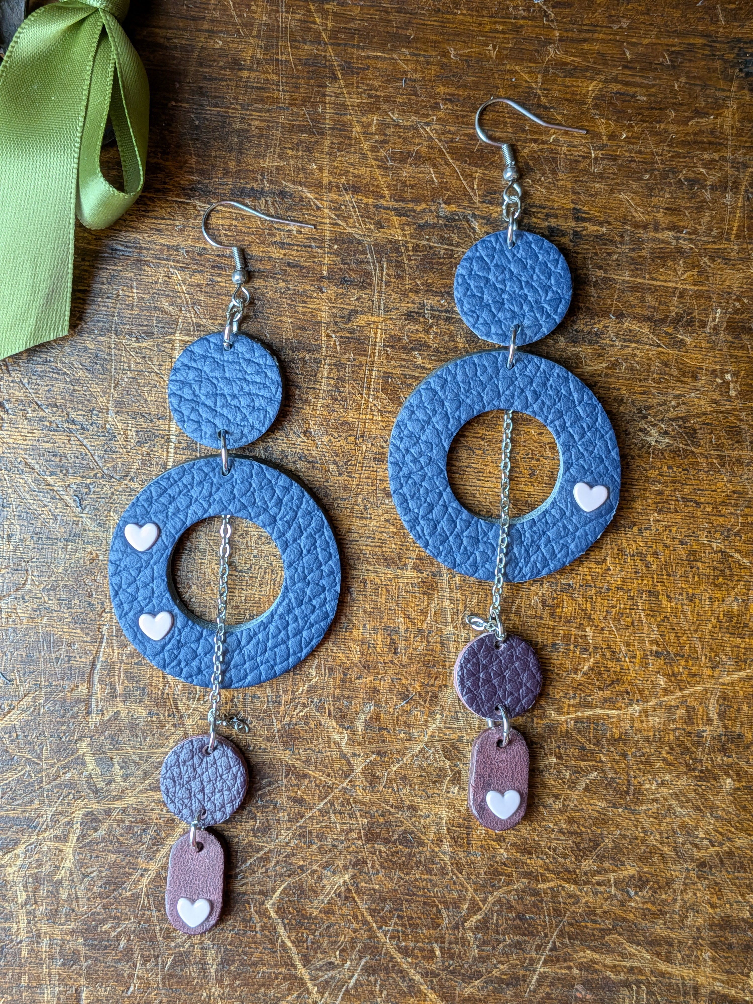 Midnight Heart Asymmetric Drops – Navy, Aubergine & Wine Leather Earrings