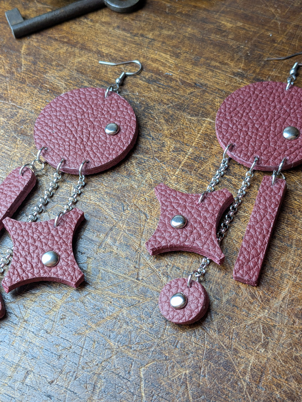 Deep Crimson Geometric Leather Statement Earrings