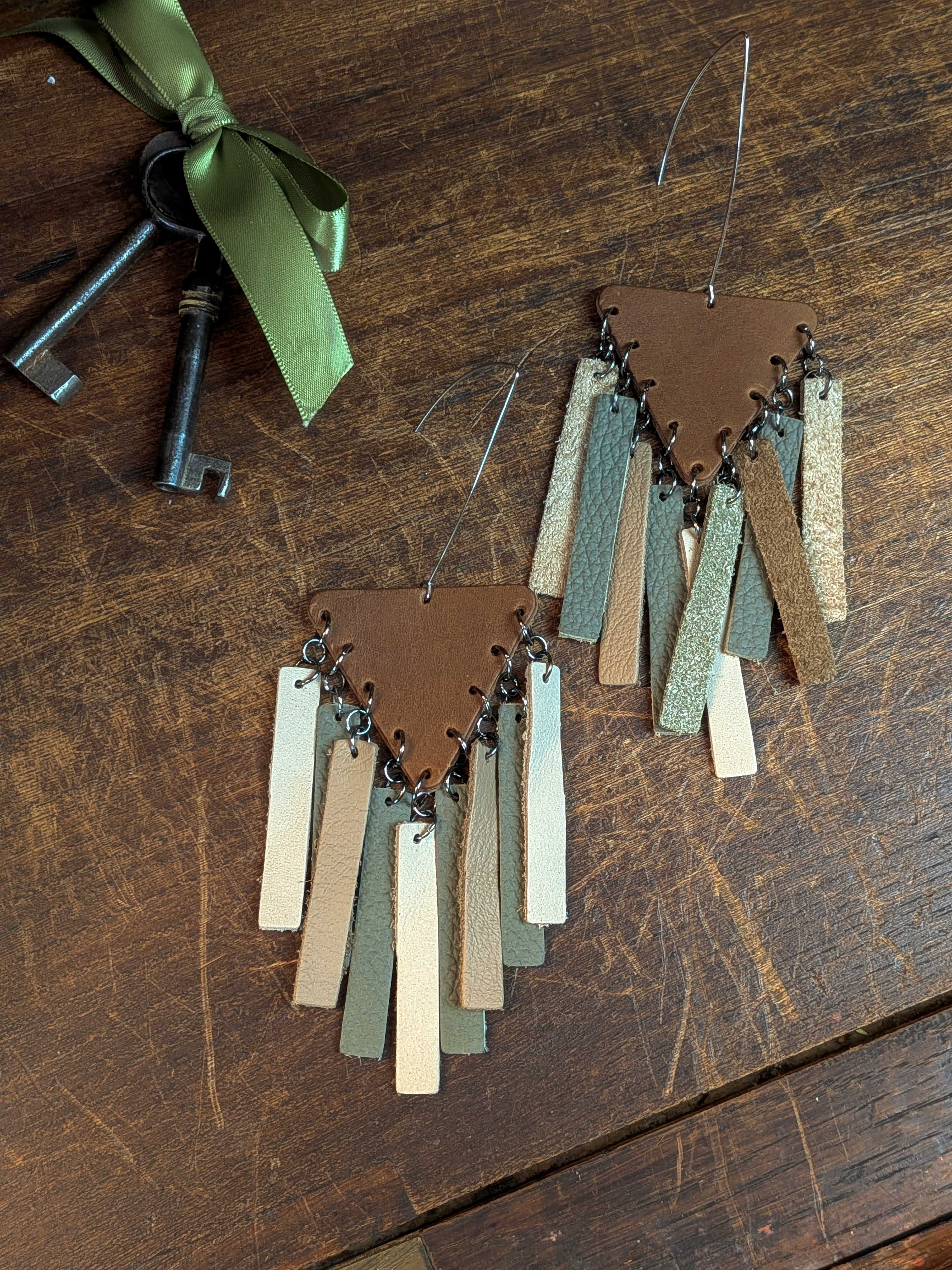 The Forest Key | Long Sage & Moss Leather Fringe Earrings