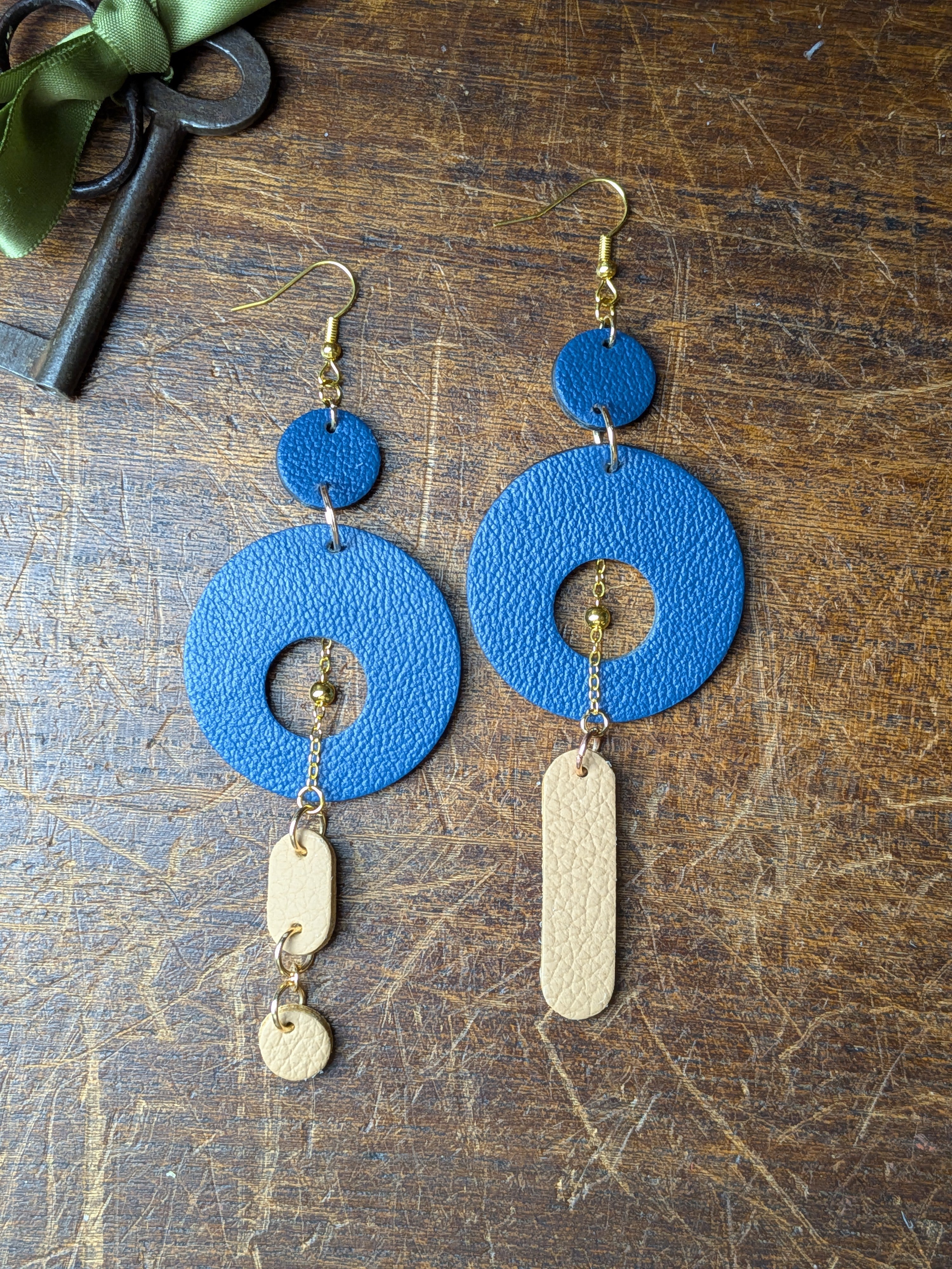 Azure & Sand Horizon Drops – Asymmetric Leather Statement Earrings