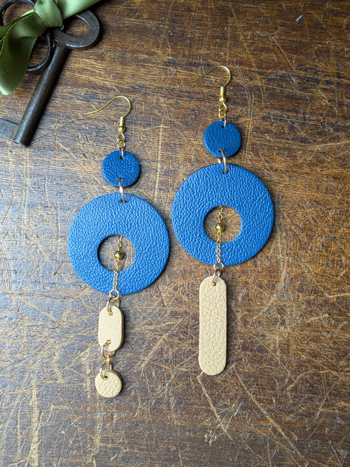 Azure & Sand Horizon Drops – Asymmetric Leather Statement Earrings