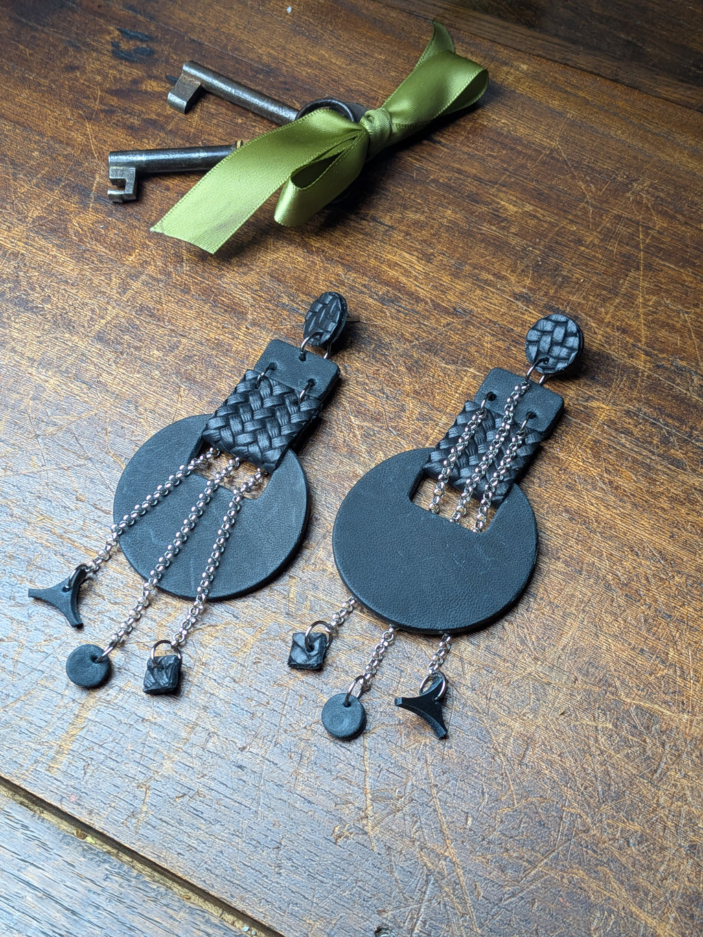 The Shadow Link | Matte Black Leather & Silver Chain Asymmetric Studs