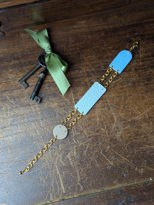 4-in-1 Transformable Leather Bracelet & Pendant – Sky Blue, Teal & Beige