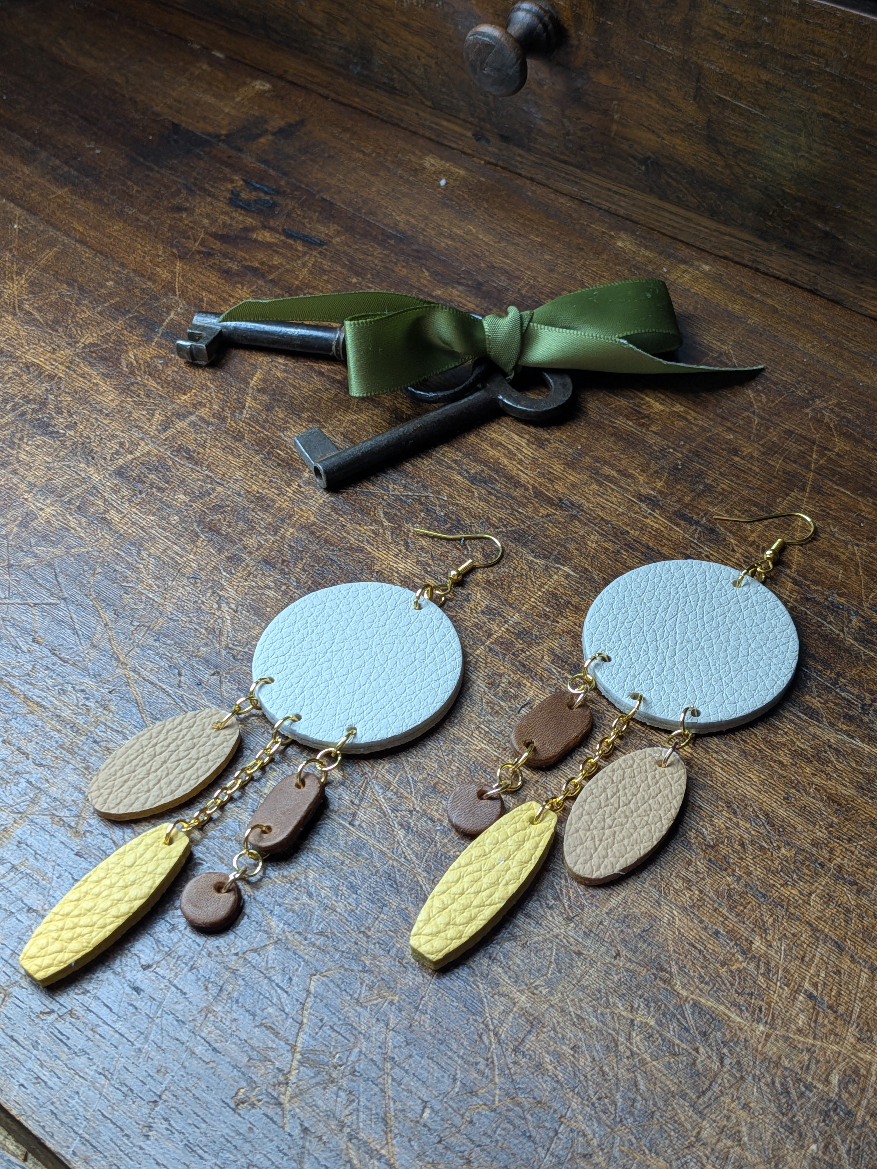 Skyline Muse Earrings – Azure & Lemon Textured Leather Drops with Golden Chains