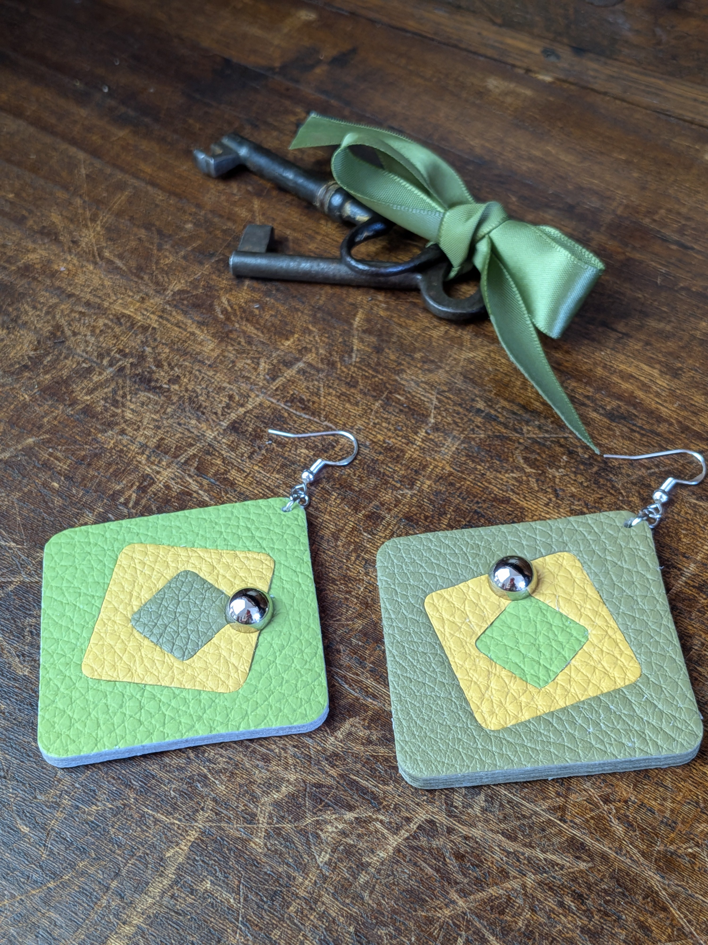 Lime & Olive Geometric Layered Earrings
