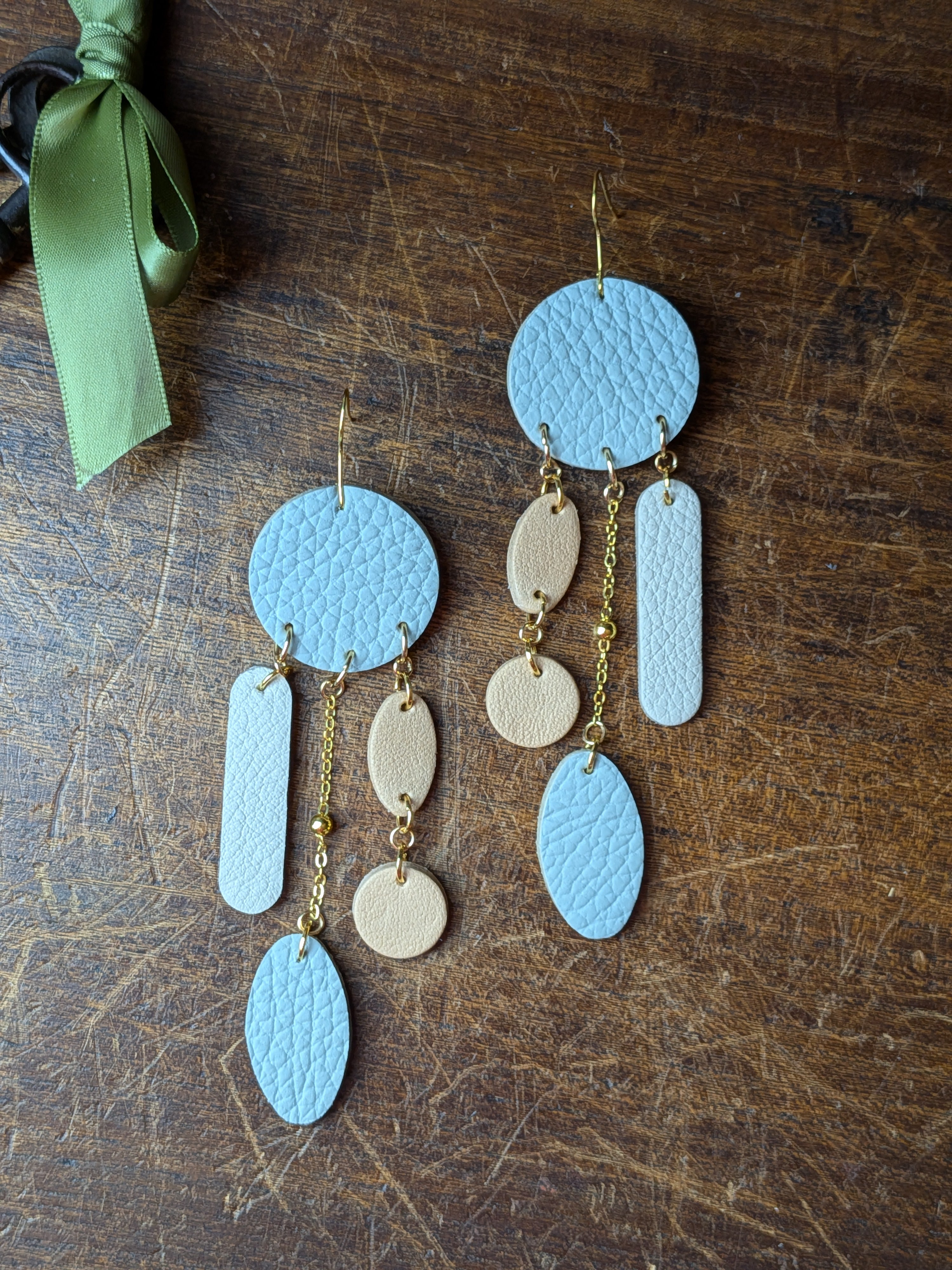 Sky Blue & Sand Geometric Earrings – Azure & Beige Layered Leather Drops