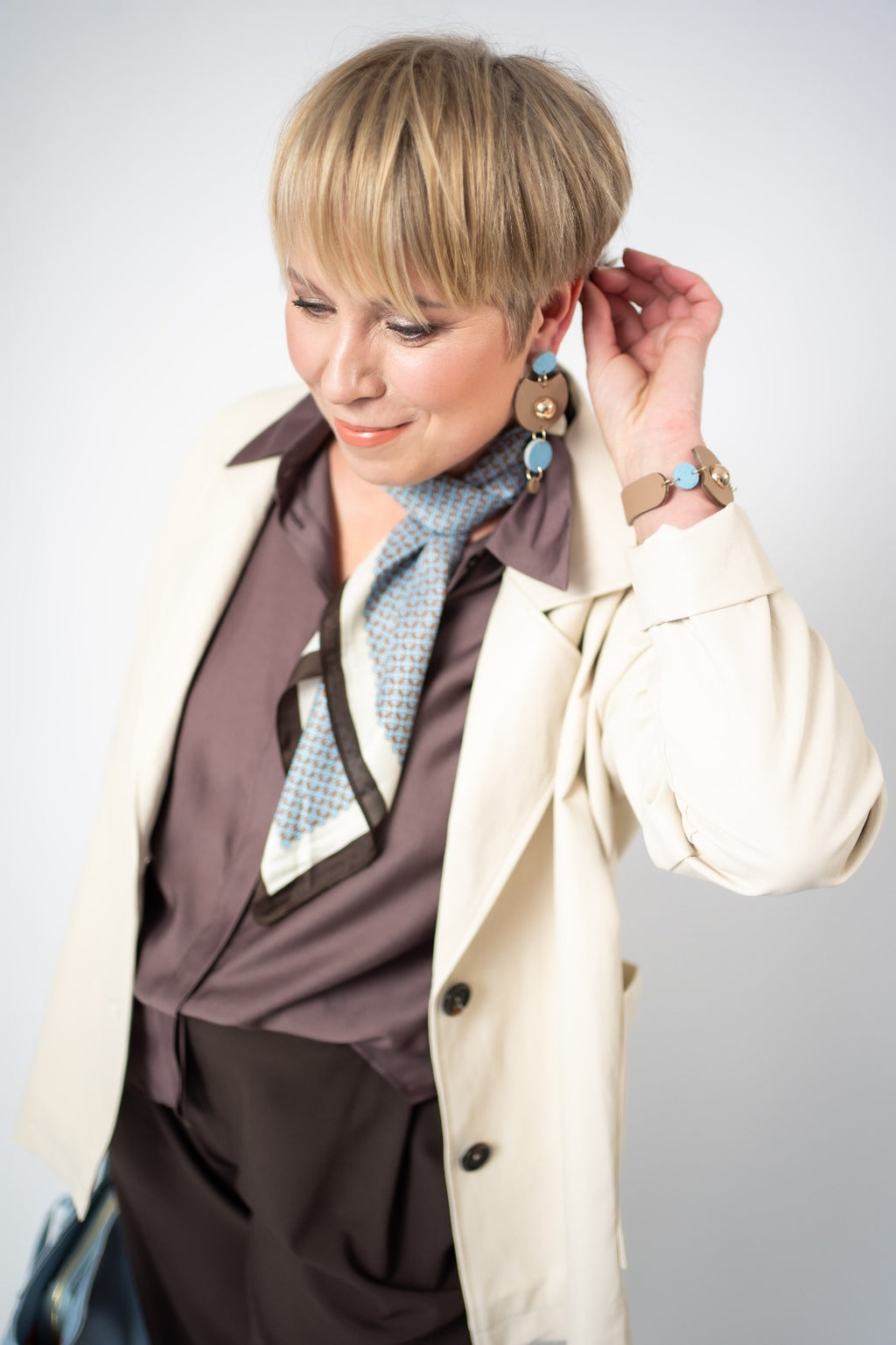 Celestial Sky Earrings – Azure & Beige Leather with Integrated Gold Posts