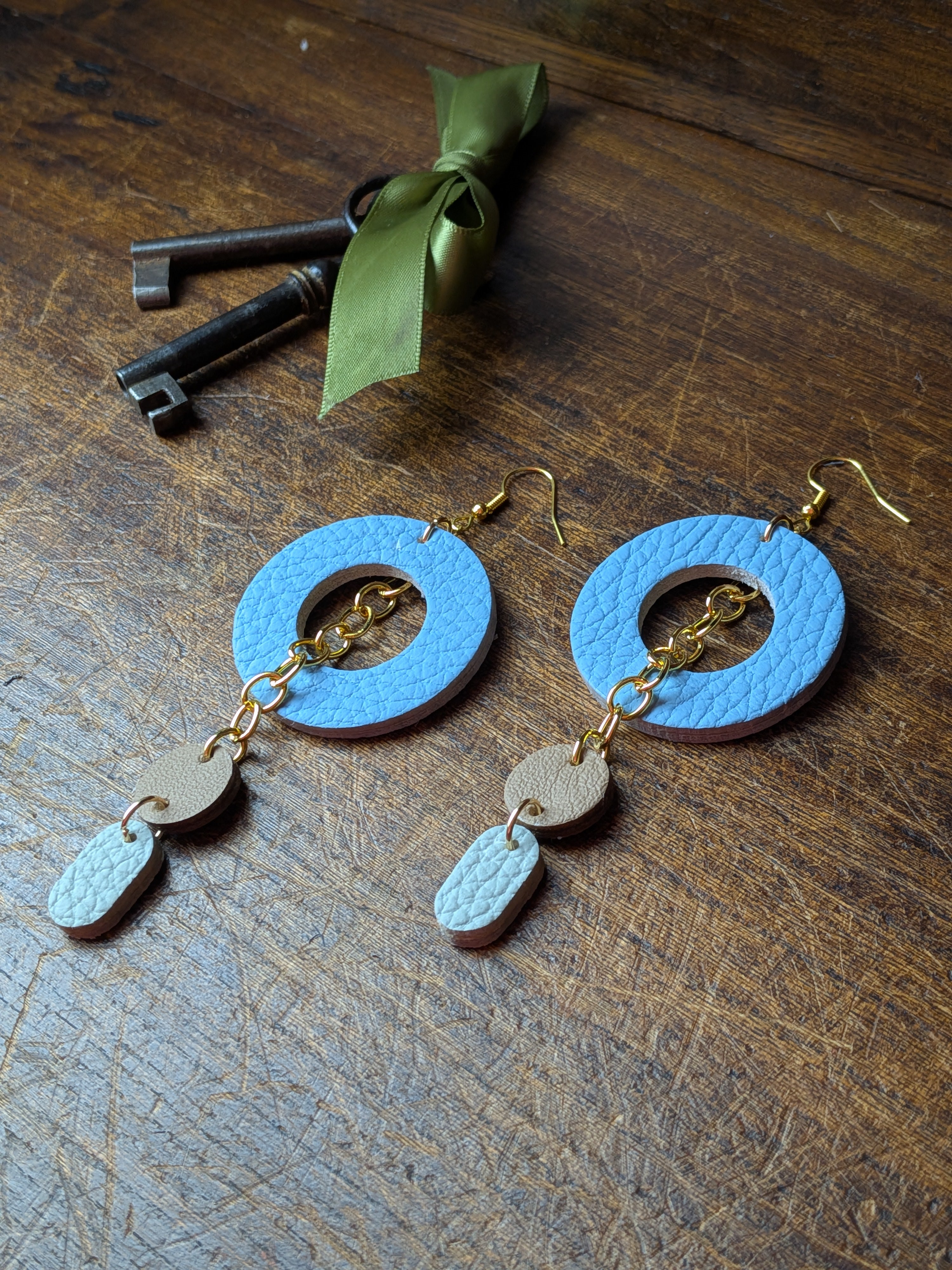 Sky Blue & Dusty Teal Geometric Earrings – Pastel Layered Leather Drops