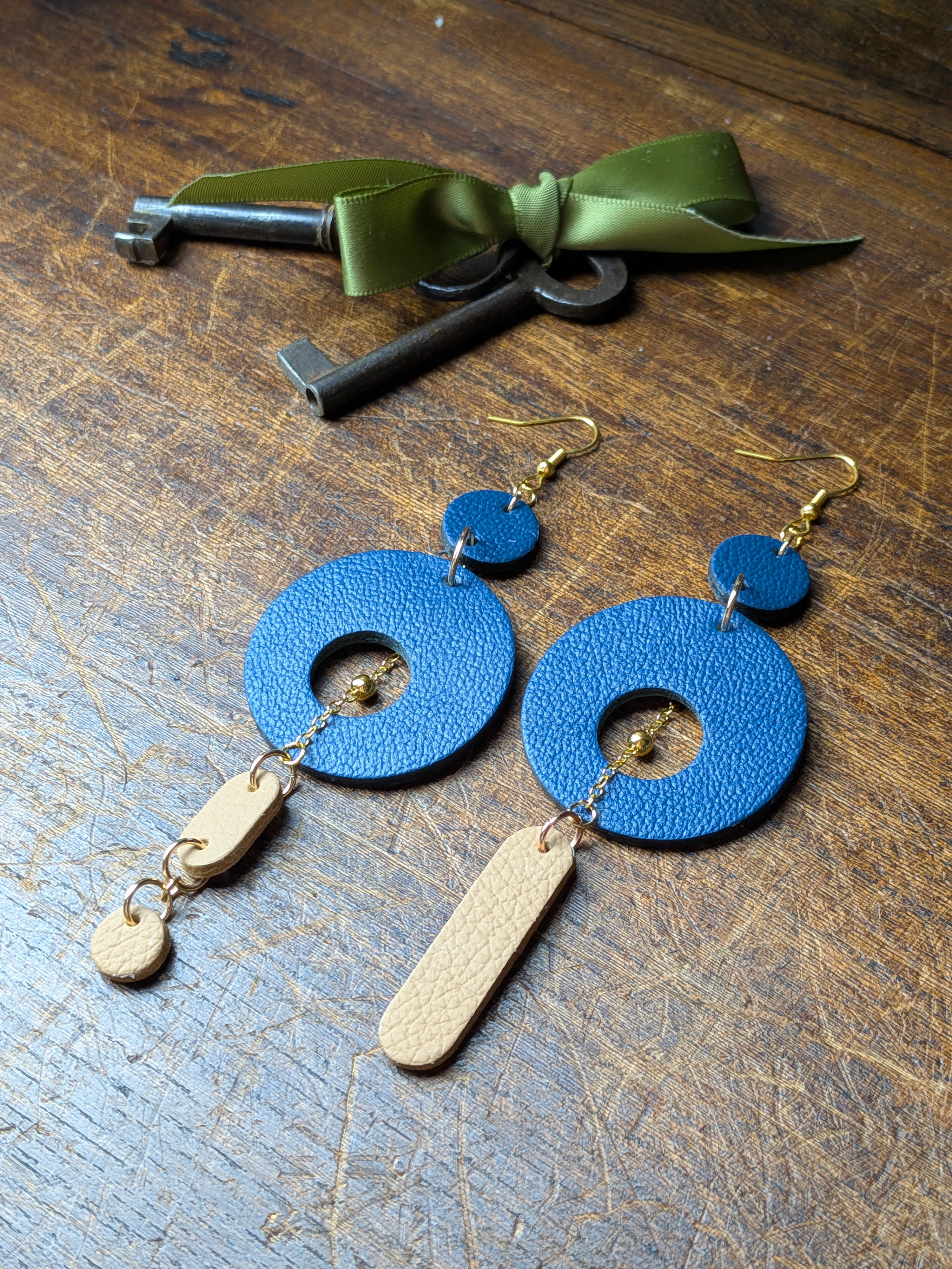 Azure & Sand Horizon Drops – Asymmetric Leather Statement Earrings