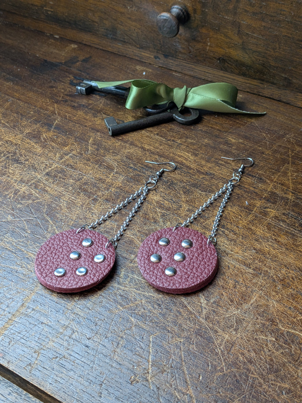 Deep Crimson Circular Studded Leather Earrings