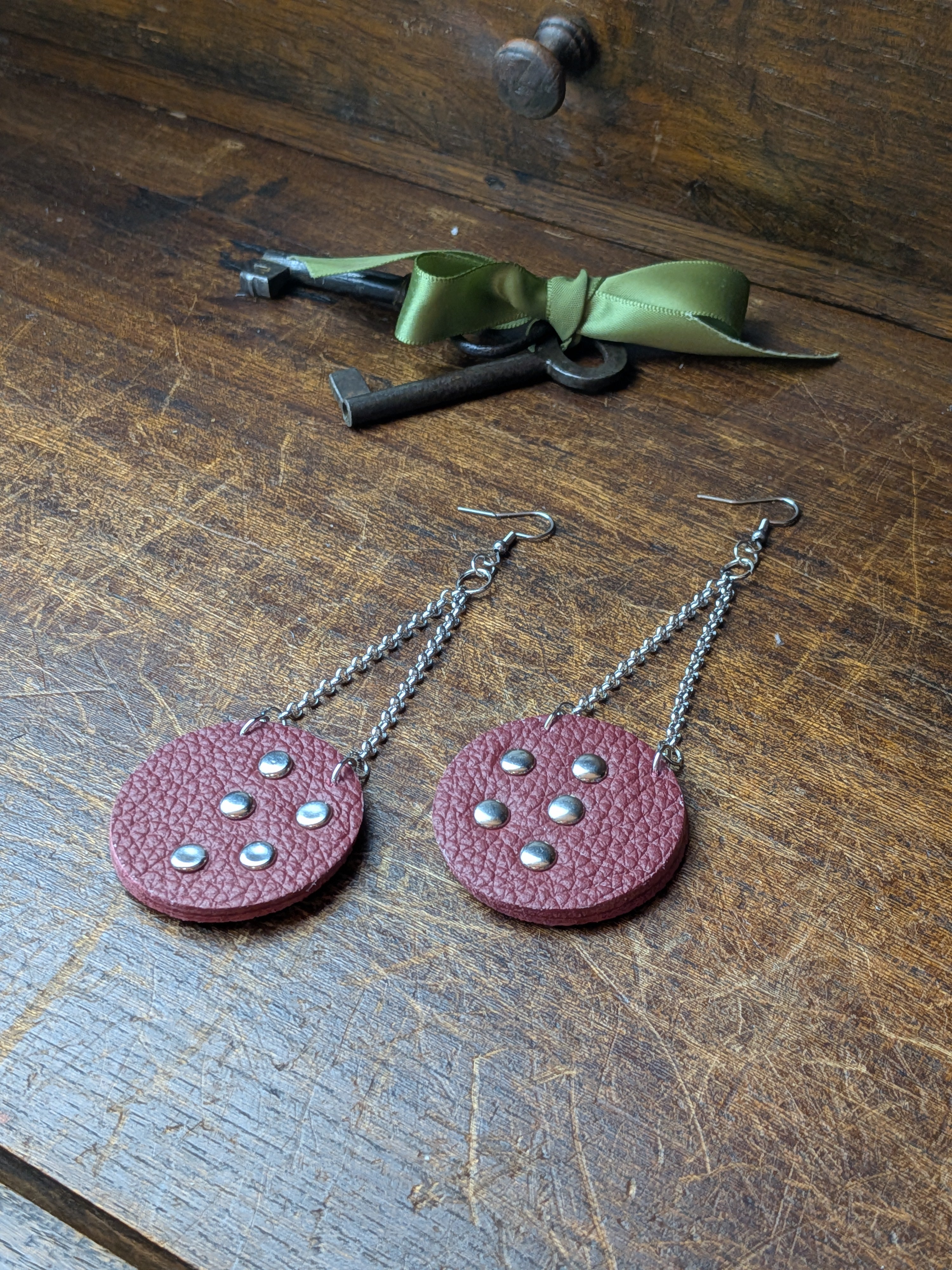 Deep Crimson Circular Studded Leather Earrings