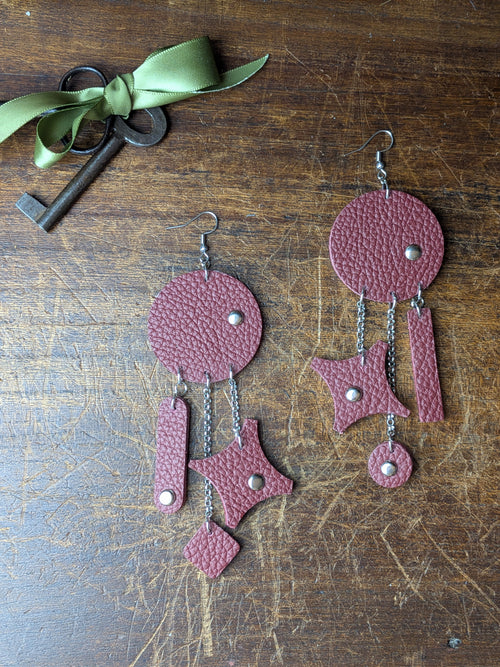 Deep Crimson Geometric Leather Statement Earrings
